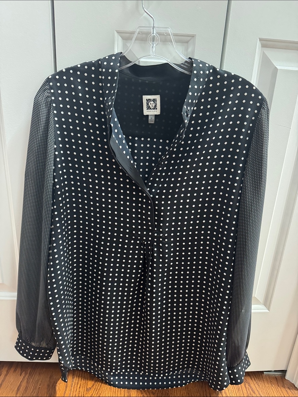 Anne Klein Black and White Polka Dot Long Sleeve Blouse